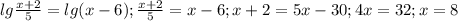 lg\frac{x+2}{5}=lg(x-6); \frac{x+2}{5}=x-6; x+2=5x-30; 4x=32; x=8