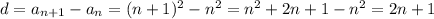 d=a_{n+1}-a_n=(n+1)^2-n^2=n^2+2n+1-n^2=2n+1