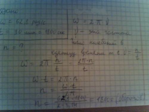 Угловая скорость лопастей вентилятора 62,8 рад/с. найти число оборотов вентилятора за 30 минут.