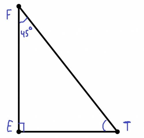 Дан треугольник еft. угол e=90градусов, угол т=45градусов, а столрона ef=16см. найти сторону tf