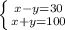 \left \{ {{x-y=30} \atop {x+y=100}} \right.