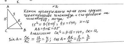 Впрямоугольном треуг. катет равен 15 см,а его проекция на гипотенузу - 9 см.найдите гипотенузу,а так