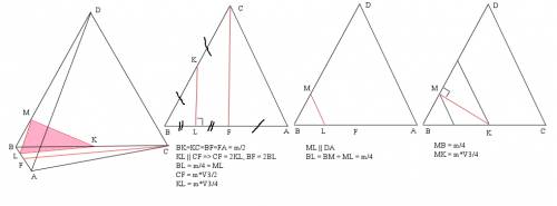 Дан правильный тетраэдр авсд с ребром, равным m,точка f середина ребра ав , точка к середина ребра в