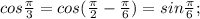 cos \frac{\pi}{3}=cos (\frac{\pi}{2}-\frac{\pi}{6})=sin \frac{\pi}{6};