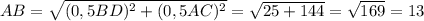 AB=\sqrt{(0,5BD)^2+(0,5AC)^2}=\sqrt{25+144}=\sqrt{169}=13