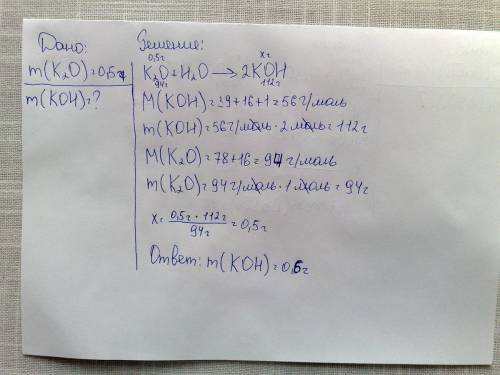 Сколько получится гидроксида калия при взаимодействии с водой 0.5 грамм оксида калия ?