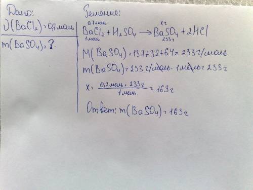 Нужно найти массу сульфата бария при взаимодействии 0,7 моль хлорида бария с серной кислотой ,