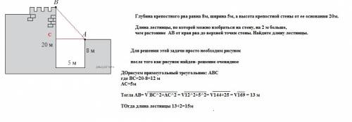 Глубина крепостного рва равна 8м,ширина 5м,а высота крепостной стены от ее основания равна 20м.высот