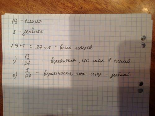Вкоробке лежат 19 синих и 8 зеленых шаров.какова вероятность того,что выбранный наугад шарик окажетс