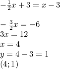 -\frac{1}{2}x+3=x-3 \\ \\ -\frac{3}{2}x=-6 \\ 3x=12 \\ x=4 \\ y=4-3=1 \\ (4;1)