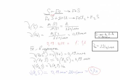 Серу массой 8г сплавили с 10,5г железа. полученный продукт обработали избытком раствора соляной кисл