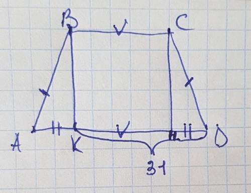Аbсd -равнобедренная трапеция, вk - высота трапеции, kd=31.найдите длину средней линии трапеции.реше
