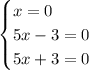 \begin{cases} x=0\\5x-3=0\\5x+3=0 \end{cases}