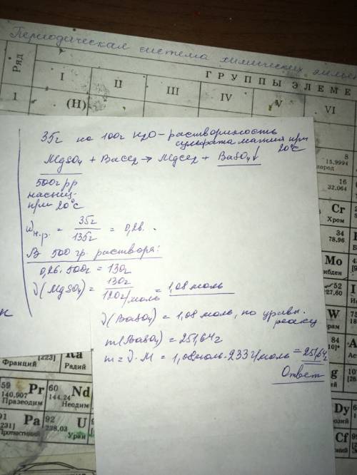 К500г насыщенного при 20 градусах раствора сульфата магния прилили достаточный для проведения реакци