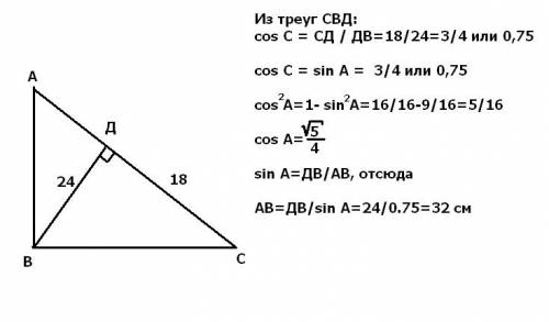 Высота вd прямоугольного треугольника авс равна 24 см и отсекает от гипотенузы ас отрезок dc, равный