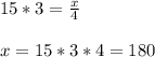 15*3=\frac{x}{4}\\ \\x=15*3*4=180