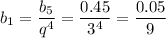 b_1=\dfrac{b_5}{q^4}=\dfrac{0.45}{3^4}=\dfrac{0.05}{9}