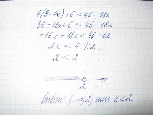 Решите неравенство 4 (9-4x)+6< 46-18x