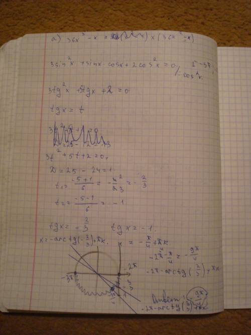 A)решить уравнение 3sin²x+5sinxcosx+2cos²x=0 б)найти все корни этого уравнения,принадлежащие промежу