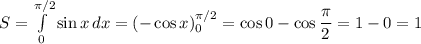 S=\int\limits_0^{\pi/2}\sin x\,dx=(-\cos x)_0^{\pi/2}=\cos0-\cos\dfrac\pi2=1-0=1