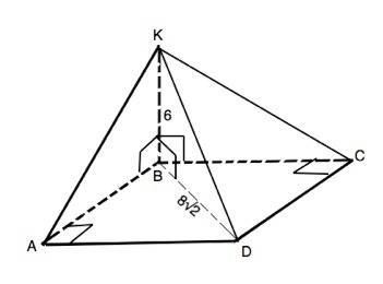 Основанием пирамиды kabcd-квадрат, диагональ которого равна 8 корней из 2.ребро кв перпендикулярно п