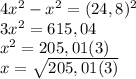 4 x^{2} - x^{2} =(24,8)^{2} \\ 3 x^{2} =615,04 \\ x^{2} =205,01(3) \\ x= \sqrt{205,01(3)}