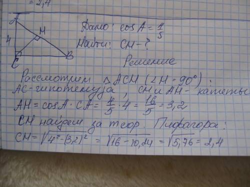 Втреугольнике авс угол с равен 90 градусам,cosa=4/5,ac=4.найдите высоту сн