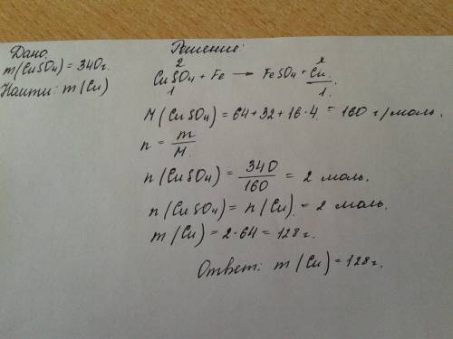 Враствор содержащий сульфат меди массой 340г внесли железные опилки. какова масса выделившейся меди?