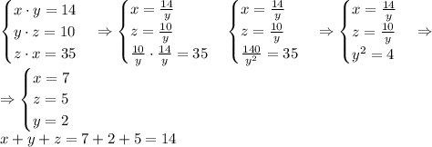 \begin{cases} x\cdot y=14\\ y\cdot z=10\\ z\cdot x=35 \end{cases}\Rightarrow \begin{cases} x=\frac{14}y\\ z=\frac{10}y\\ \frac{10}y\cdot\frac{14}y=35 \end{cases}\Righatrrow \begin{cases} x=\frac{14}y\\ z=\frac{10}y\\ \frac{140}{y^2}=35 \end{cases}\Rightarrow \begin{cases} x=\frac{14}y\\ z=\frac{10}y\\ y^2=4 \end{cases}\Rightarrow\\ \Rightarrow \begin{cases} x=7\\ z=5\\ y=2 \end{cases}\\ x+y+z=7+2+5=14