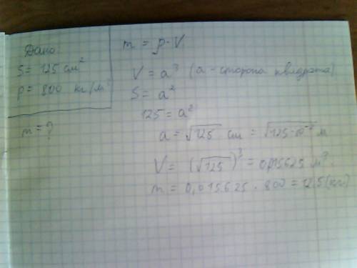Вычислите массу куба, площадь которого 125 см^2 , а плотность его материала 800 кг/м^3