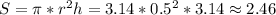 S=\pi *r^2h=3.14*0.5^2*3.14 \approx 2.46