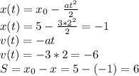 x(t)=x_0-\frac{at^2}{2}\\ x(t)=5-\frac{3*2^2}{2}=-1\\ v(t)=-at\\ v(t)=-3*2=-6\\ S=x_0-x=5-(-1)=6