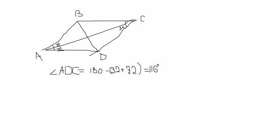 1) в параллелограмме abcd диагональ ac является биссектрисой угла bad. чему равен угол adc в градуса