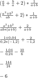 ( \frac{a}{b}+\frac{b}{a}+2)*\frac{1}{a+b}\\ \\ (\frac{a^2+b^2}{ab}+2)*\frac{1}{a+b}\\ \\ \frac{a^2+b^2}{ab*(a+b)}+\frac{2}{a+b}\\ \\ \frac{1+0,04}{0,2*(-1,2)}+\frac{2}{-1,2}\\ \\ -\frac{1,04}{0,24}-\frac{10}{6}\\ \\ -\frac{144}{24}\\ \\ -6