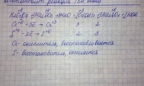 Используя метод электронного составьте уравнение реакции. k2cr2o7 + na2so3 + --> cr(oh)3 + koh оп