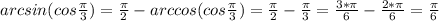 arcsin(cos \frac{\pi}{3})=\frac{\pi}{2}-arccos(cos \frac{\pi}{3})=\frac{\pi}{2}-\frac{\pi}{3}=\frac{3*\pi}{6}-\frac{2*\pi}{6}=\frac{\pi}{6}