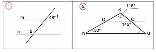 №1) прямая k пересекает параллельные прямые m и n, угол 1 = 48 градусов. найдите угол 2. №2) прямая