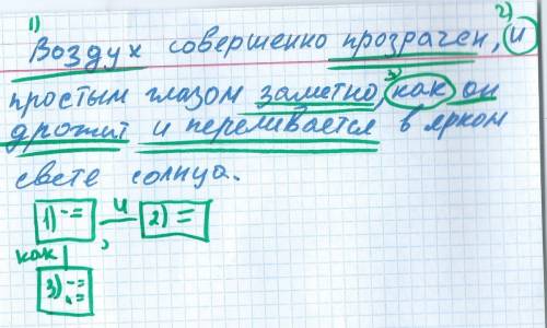 Составьте схему данного предложения: воздух совершенно прозрачен,и простым глазом заметно,как он дро