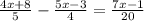 \frac{4x+8}{5}-\frac{5x-3}{4}=\frac{7x-1}{20}