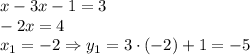 x-3x-1=3&#10;\\\&#10;-2x=4&#10;\\\&#10;x_1=-2 \Rightarrow y_1=3\cdot(-2)+1=-5