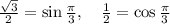 \frac{\sqrt{3}}{2}=\sin\frac{\pi}{3},\quad\frac{1}{2}=\cos\frac{\pi}{3}