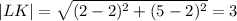 |LK|=\sqrt{(2-2)^2+(5-2)^2}=3