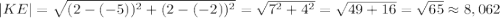 |KE|=\sqrt{(2-(-5))^2+(2-(-2))^2}=\sqrt{7^2+4^2}=\sqrt{49+16}=\sqrt{65}\approx8,062