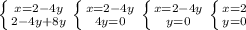 \left \{ {{x=2-4y} \atop {2-4y+8y}} \right. \left \{ {{x=2-4y} \atop {4y=0}} \right. \left \{ {{x=2-4y} \atop {y=0}} \right. \left \{ {{x=2} \atop {y=0}} \right.