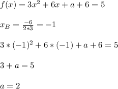 f(x)=3x^2+6x+a+6=5 \\ \\ x_B=\frac{-6}{2*3}=-1 \\ \\ 3*(-1)^2+6*(-1)+a+6=5 \\ \\ 3+a=5 \\ \\ a=2