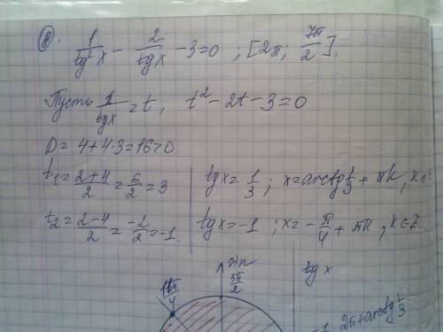 Решить уравнение 1/(tg^2x) - 2/(tgx) - 3=0 и найти корни на промежутку [2п; 7п/2]