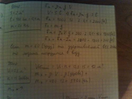 1) погрузится ли целиком в воду льдина площадью 2 м2 и толщиной 100 см, если на нее встанет человек