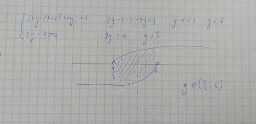 Решите систему уравнений 3(y-1)-2(1+y)< 1 3y-4> 0