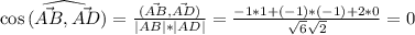 \cos{\widehat{(\vec{AB},\vec{AD}})}=\frac{(\vec{AB},\vec{AD})}{|AB|*|AD|}=\frac{-1*1+(-1)*(-1)+2*0}{\sqrt{6}\sqrt{2}}=0