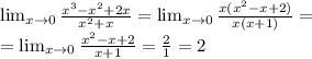 \lim_{x\to 0}\frac{x^3-x^2+2x}{x^2+x}=\lim_{x\to 0}\frac{x(x^2-x+2)}{x(x+1)}=\\ =\lim_{x\to 0}\frac{x^2-x+2}{x+1}=\frac{2}{1}=2